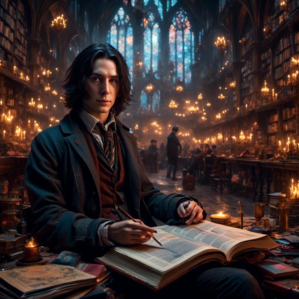 Young Severus Snape Portrait Reading in Hogwarts, Detailed F...
