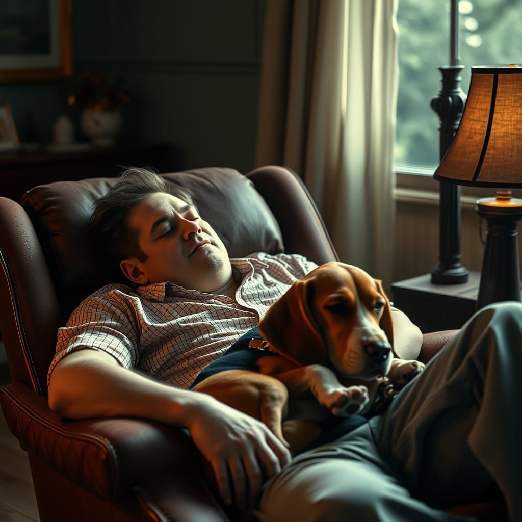 Man Sleeps in Recliner with Hound Dog, Vintage HDR