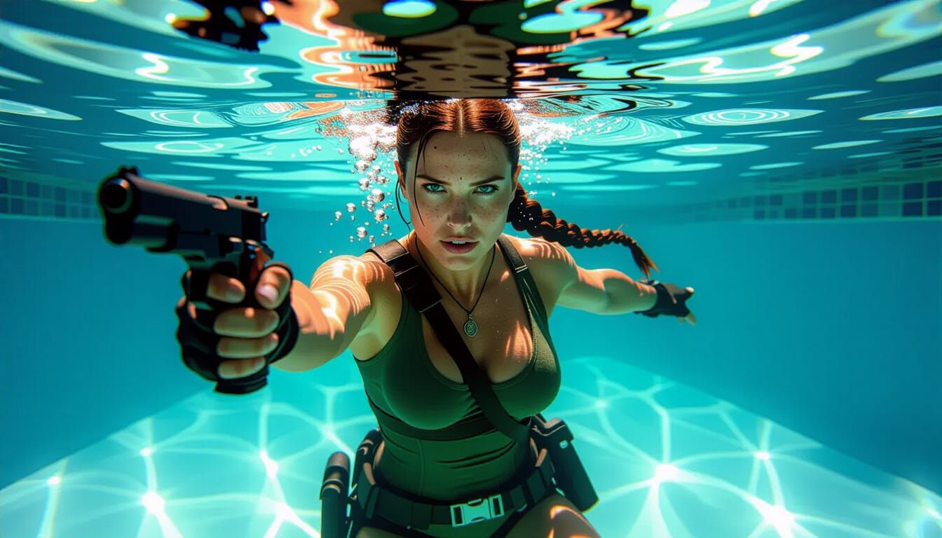 Lara Croft Underwater with Pistol in Realistic Style