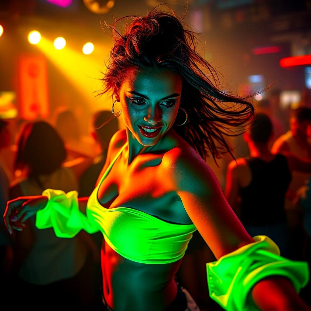 Woman Dancing in Club, Hyperrealistic Detail