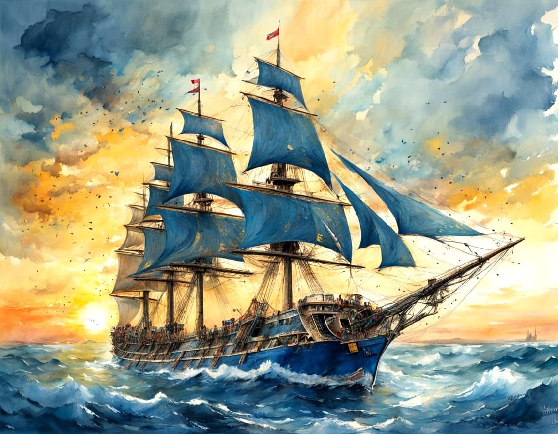 French Frigate at Golden Hour, Watercolor Style