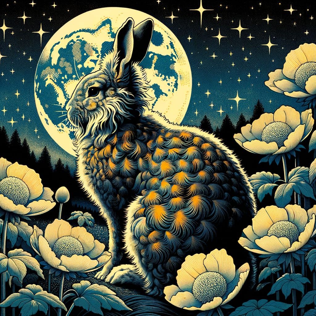 Majestic Rabbit in Moonlit Moonflower Field, Ukiyo-e Style