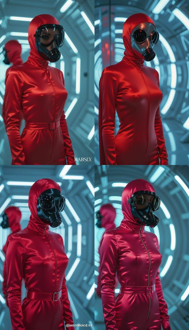 Actress in Seamless Satin Spacesuit and Gas Mask