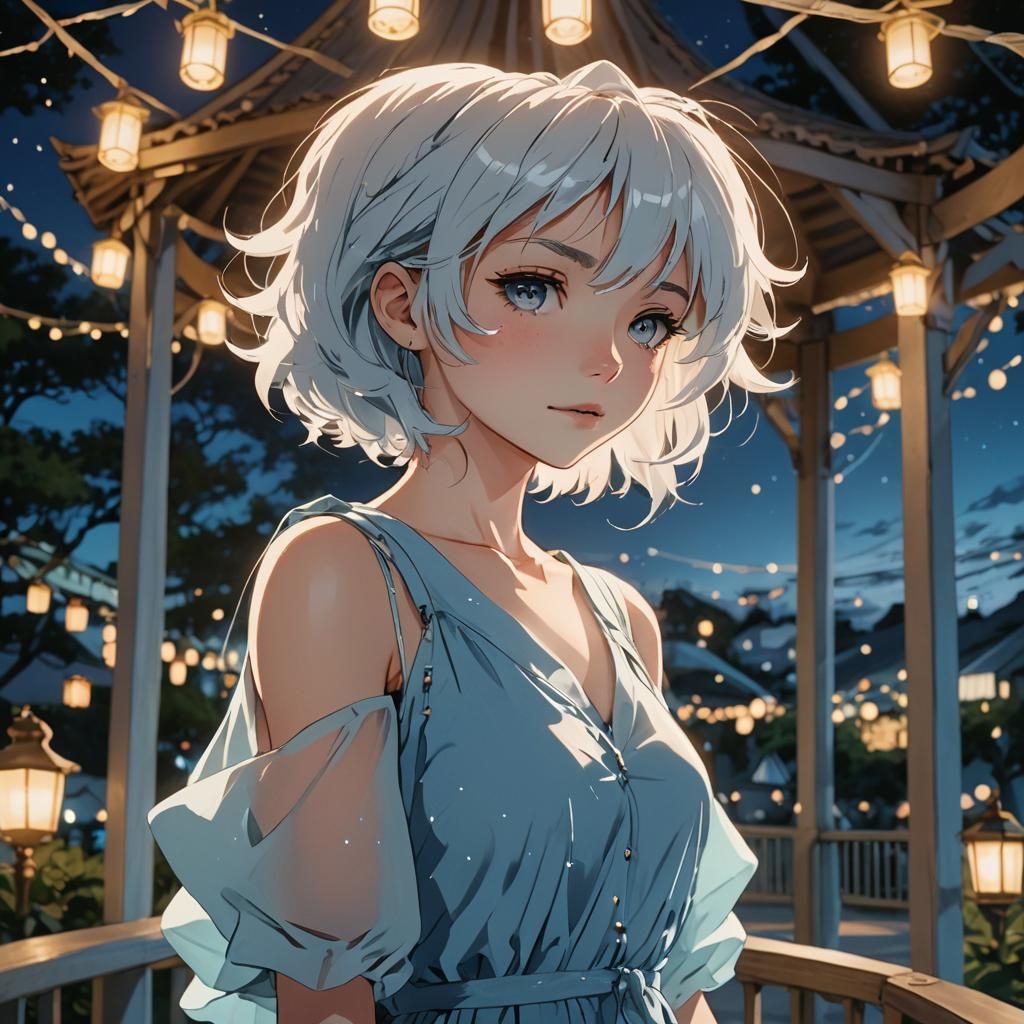 Anime Woman at Gazebo in Cel-Shaded Style
