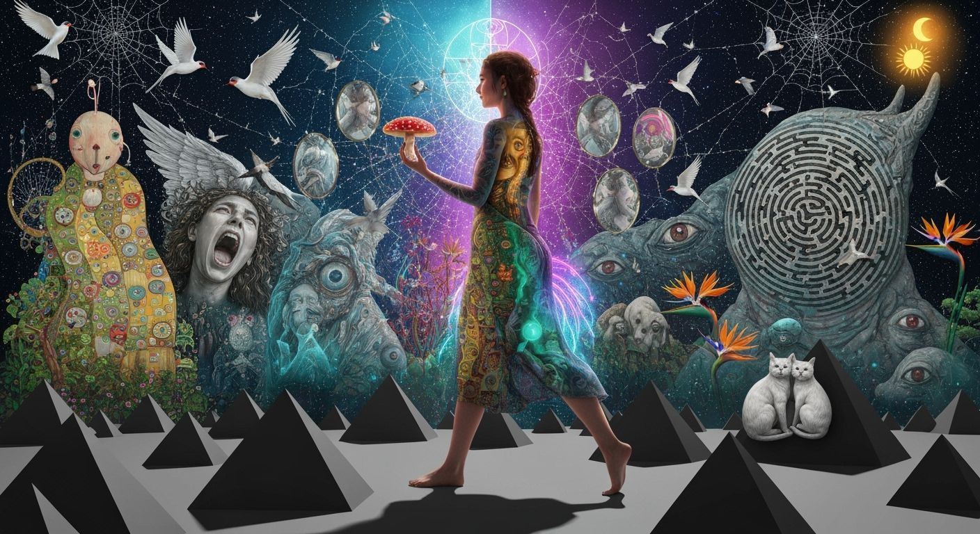 Mystical Woman on Surreal Pyramids with Ethereal Light