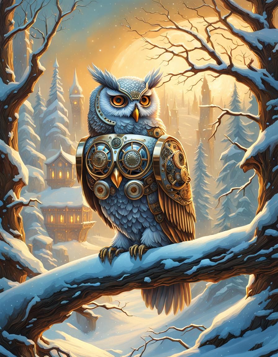 Steampunk Cyberpunk Owl in Winter Wonderland