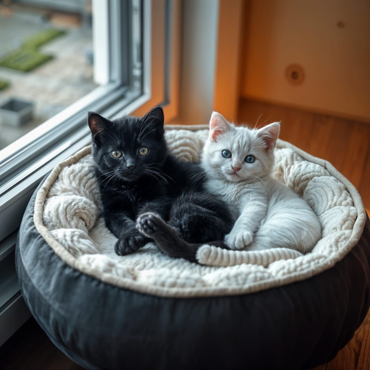 Two Kittens on Yin Yang Bed in Soft Light