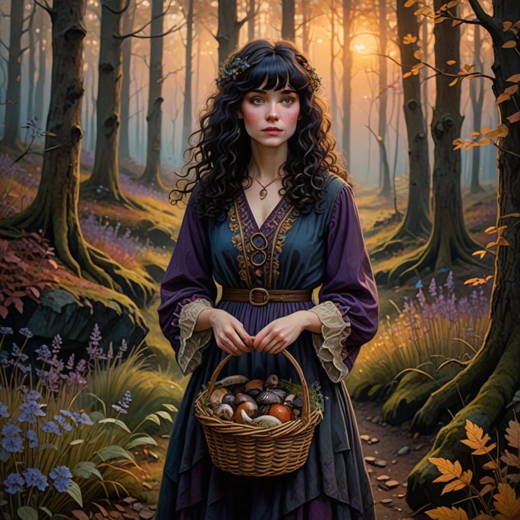Whimsical Woman Foraging in Fantasy Autumn Woods