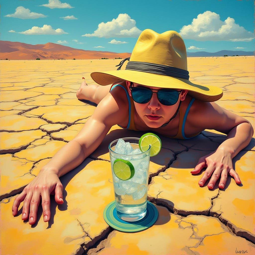 Exhausted Person Crawling Towards Gin and Tonic, Hockney Sty...