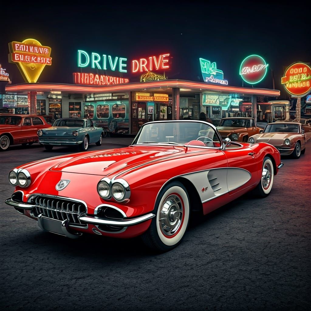 1953 Corvette at 1950s Drive-In Restaurant in HDR