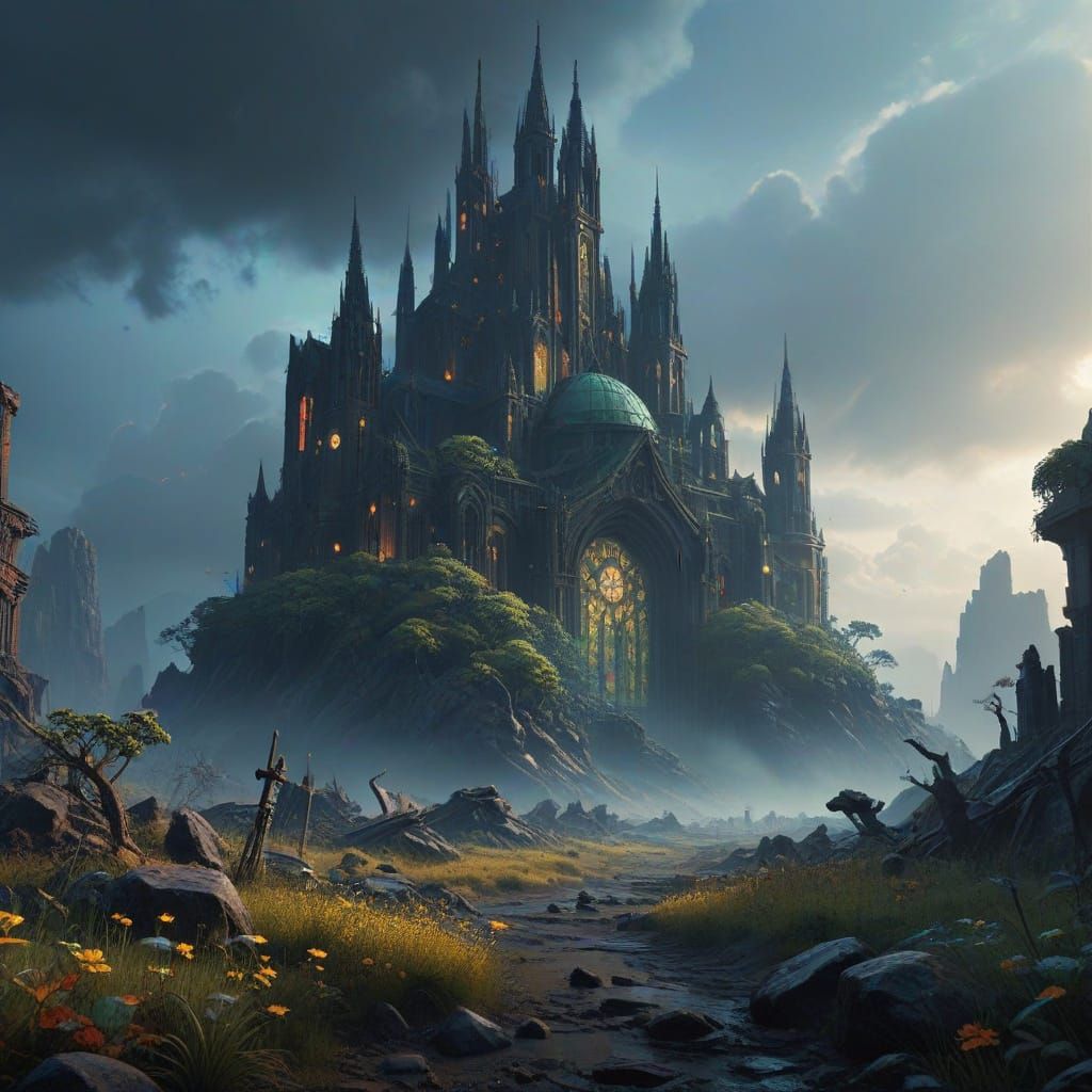 Surreal Nuclear Wasteland with Glowing Megachurches and Muta...