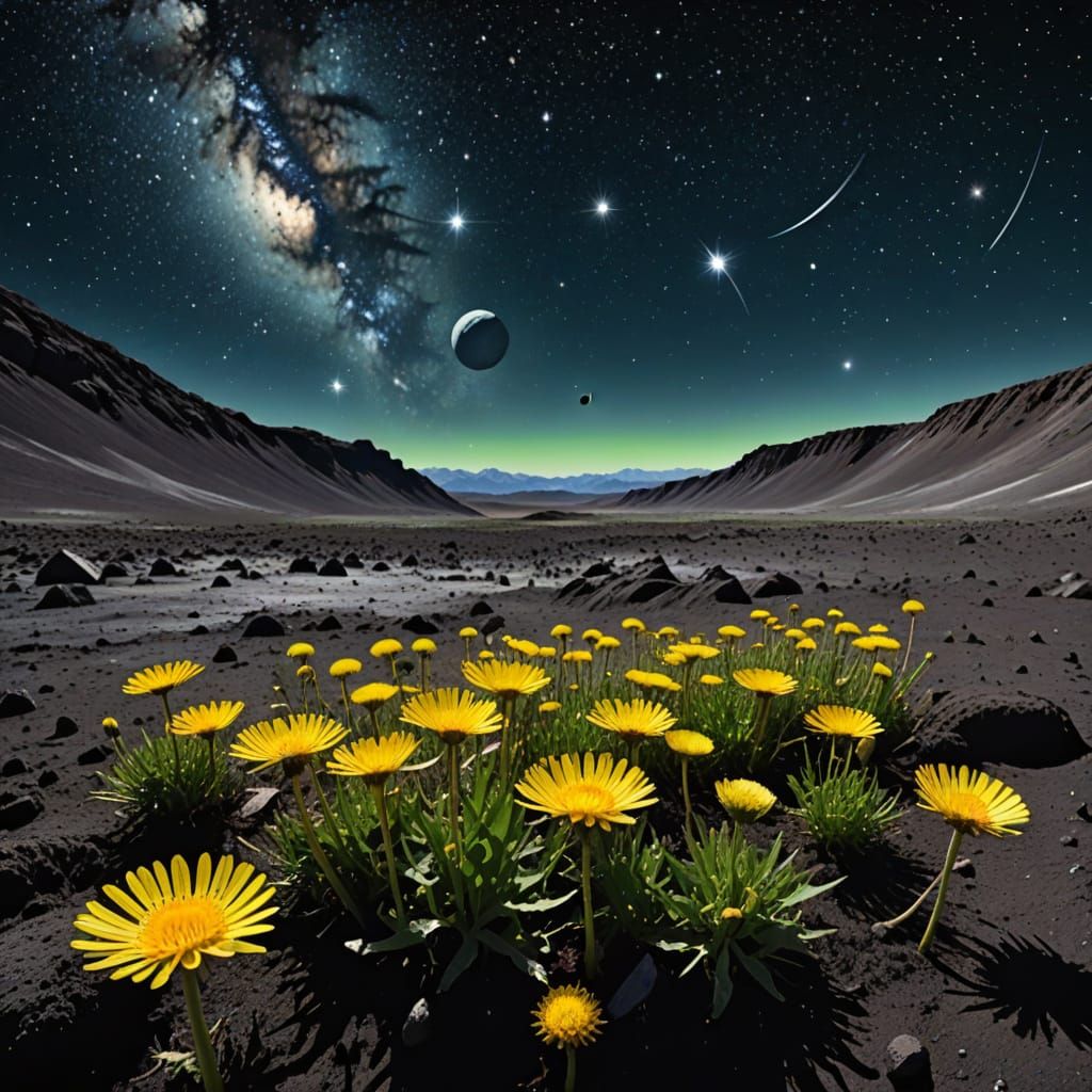Dandelions Bloom on the Moon: A Realistic Photograph