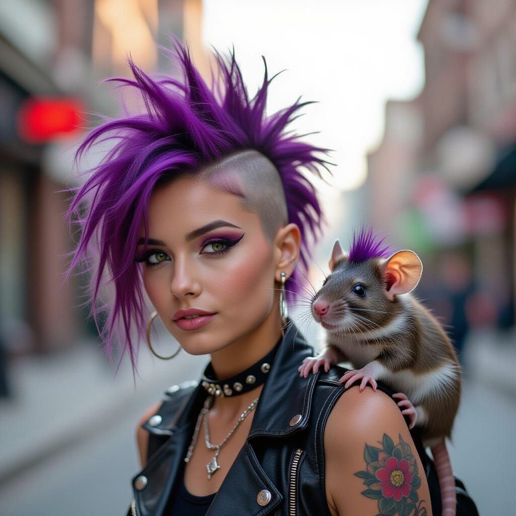 Punk Rocker with Mohawk and Pet Rat, Vibrant Photography
