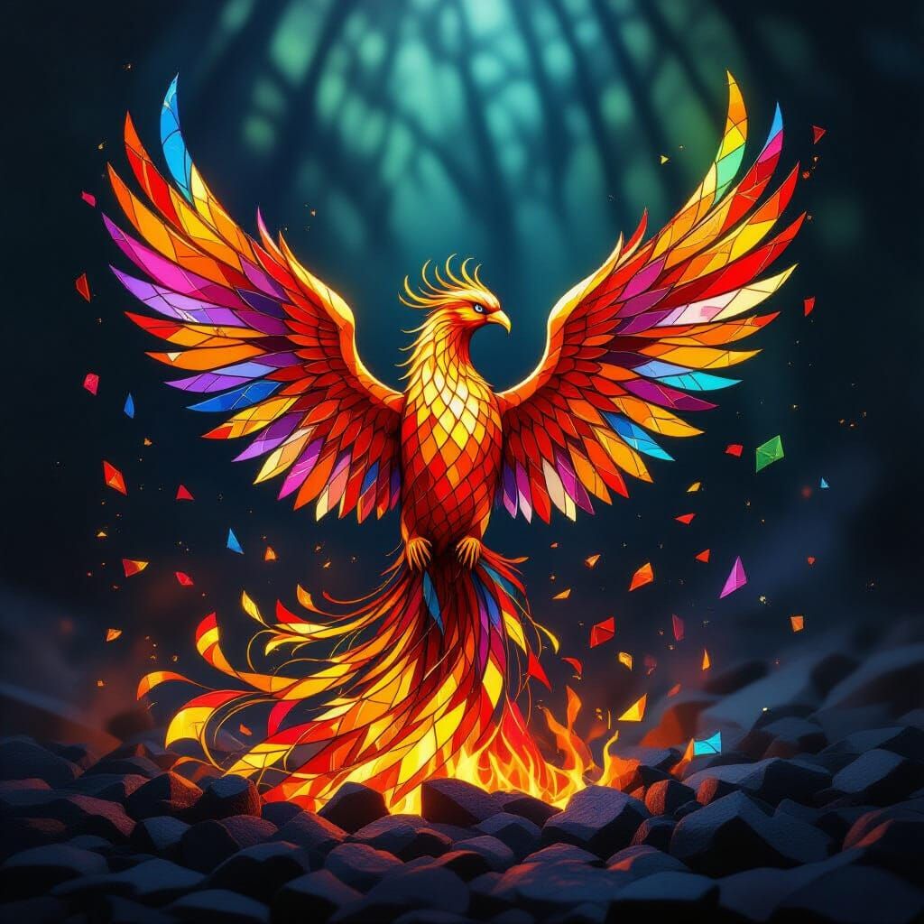 Stained Glass Phoenix Rising from Ashes