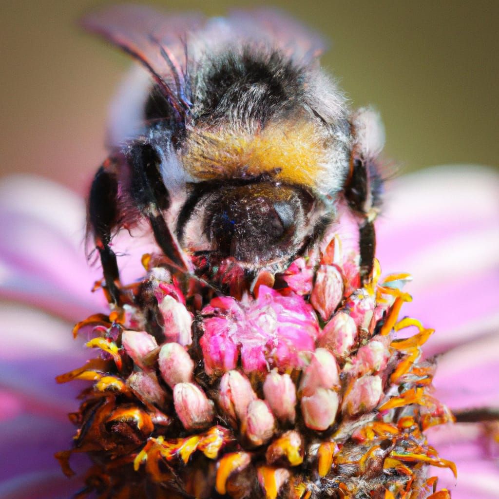 Hyperdetailed Bumblebee Portrait with Pink Flower