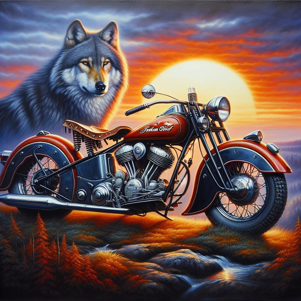 Indian Chief Motorcycle and Wolf in Oil Painting