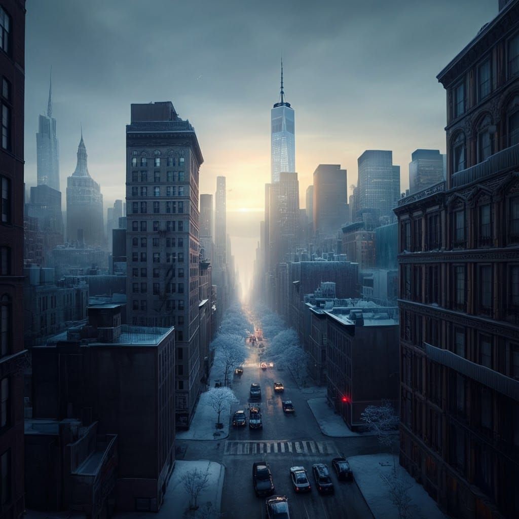New York Cityscape at Dawn in Winter