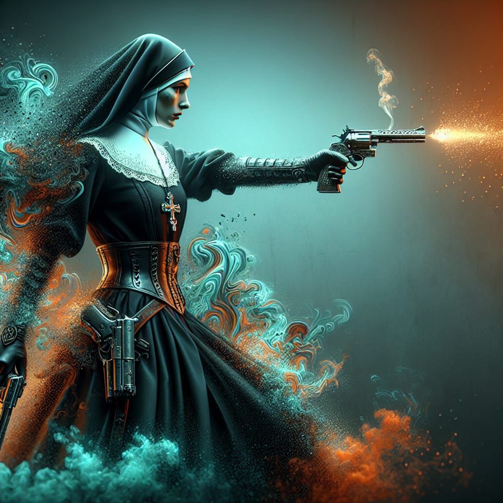 Action Nun Fires Revolver in Art Nouveau Style