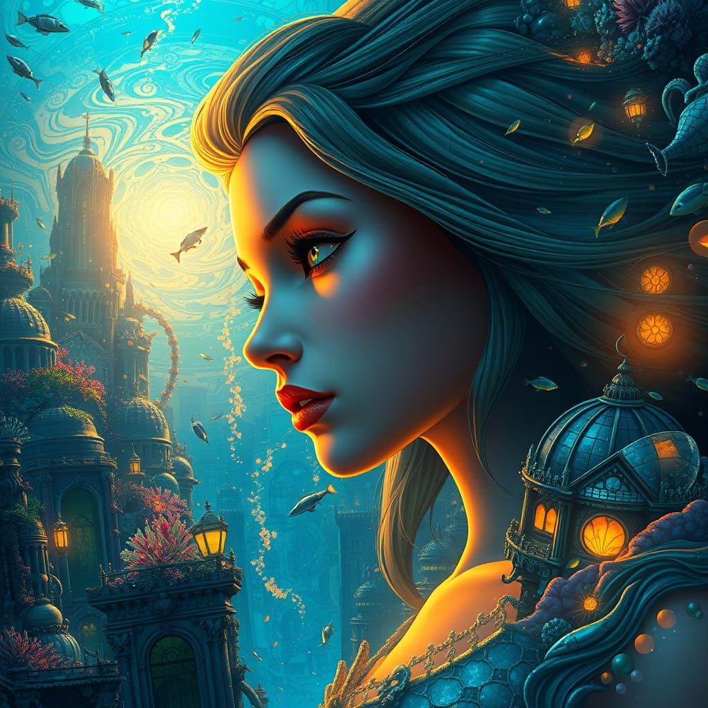 Surreal Underwater Metropolis with Mermaid and Vibrant Marin...