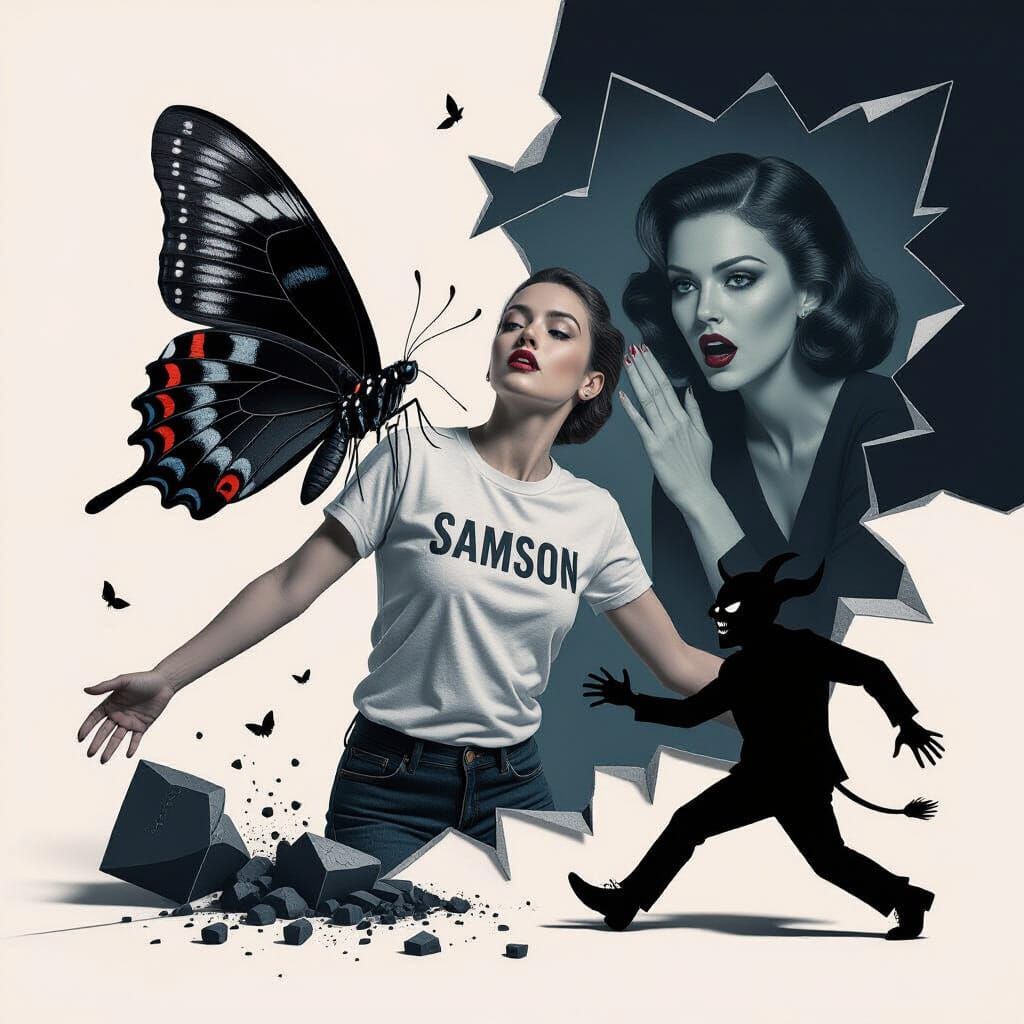 Absurd Surreal Photo: Butterfly in T-Shirt, Sinister Woman