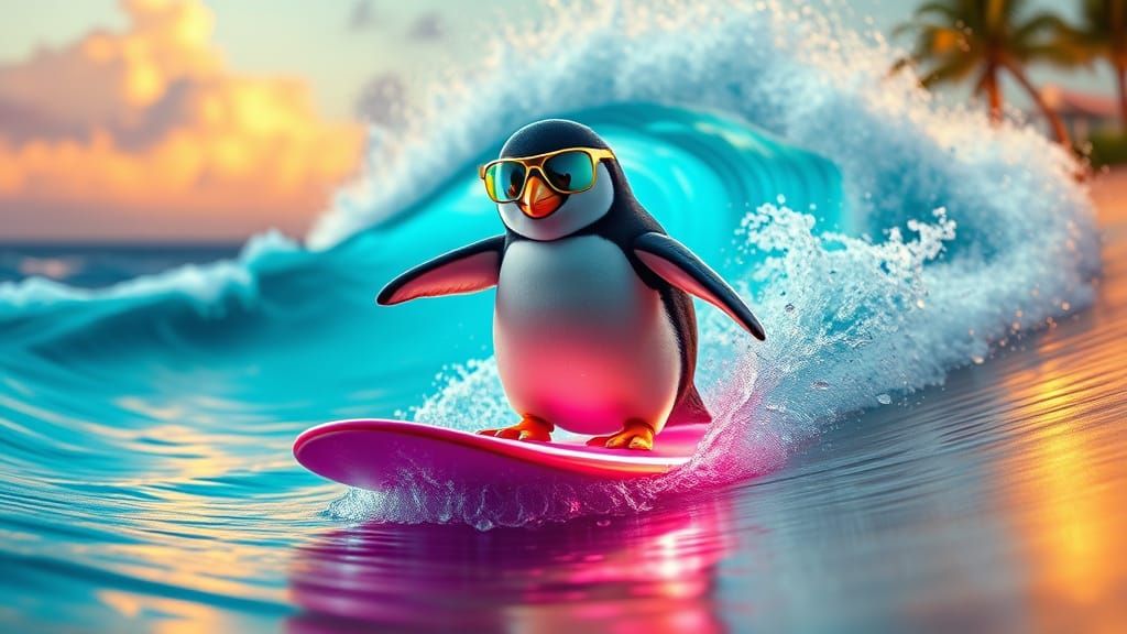 Surfing Penguin on Bioluminescent Wave in Hyper-Surreal Styl...