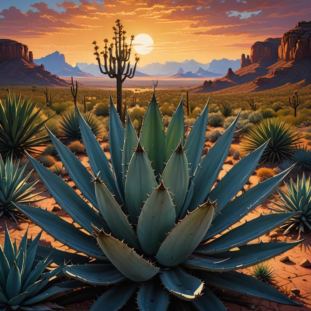 A Majestic Agave Plant in Desert Landscape, Rendered in Hype...