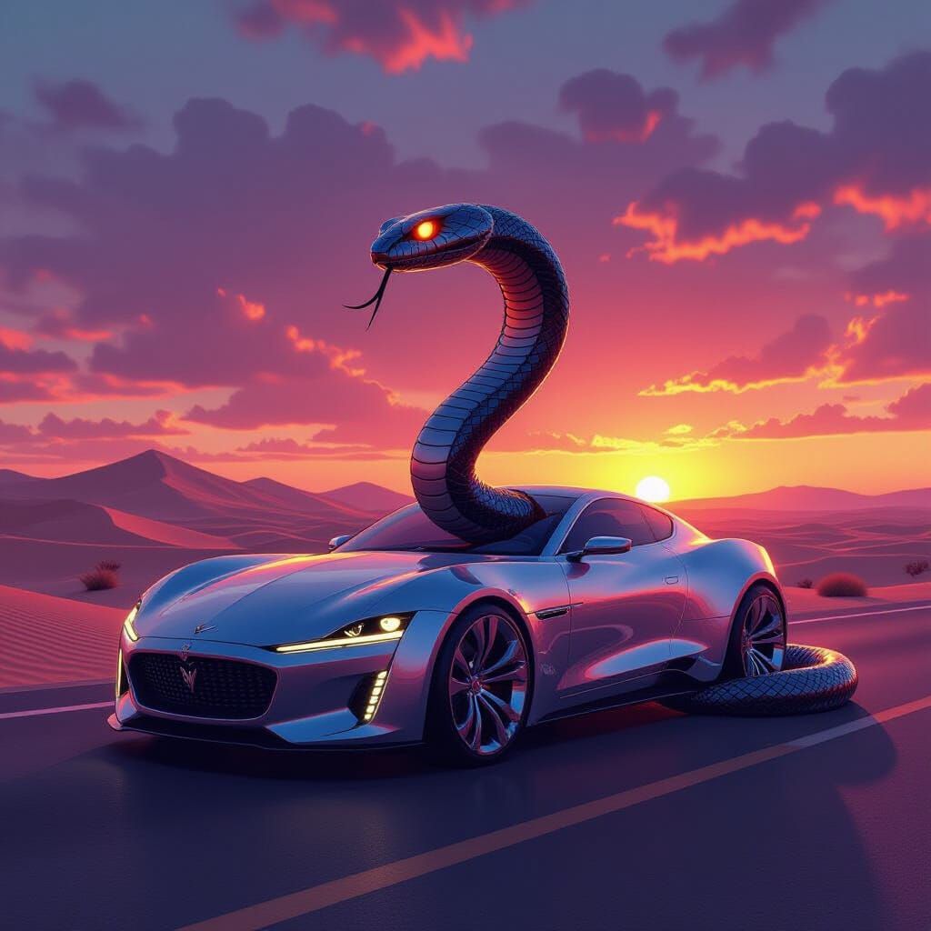 Cobra Car Hybrid Coiled on Desert Highway