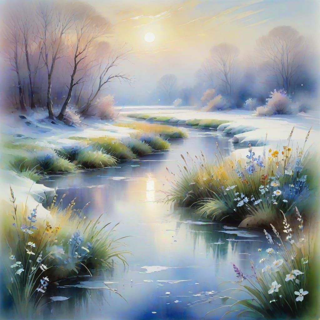 Vibrant Winter Landscape with Frozen River and Wildflowers