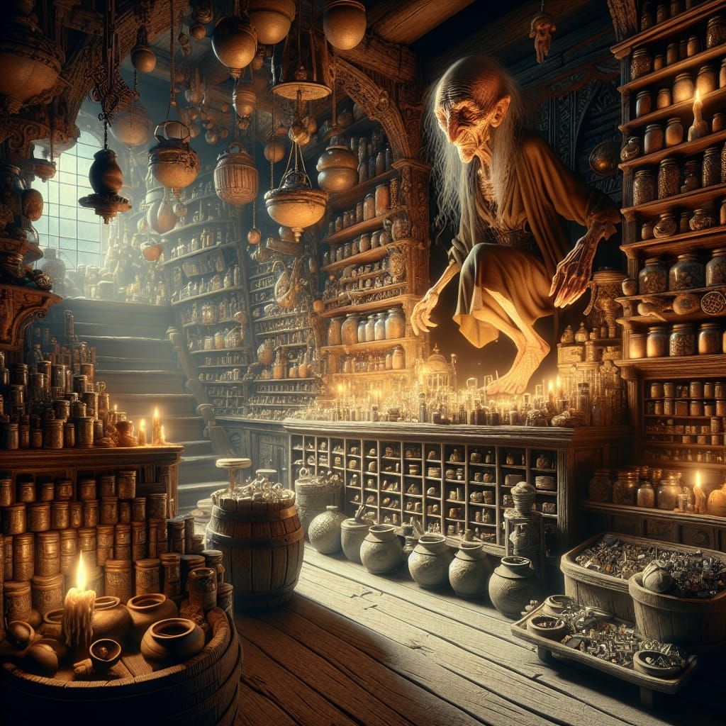 Eerie Extradimensional Shop with Gnome in Fantasy Style