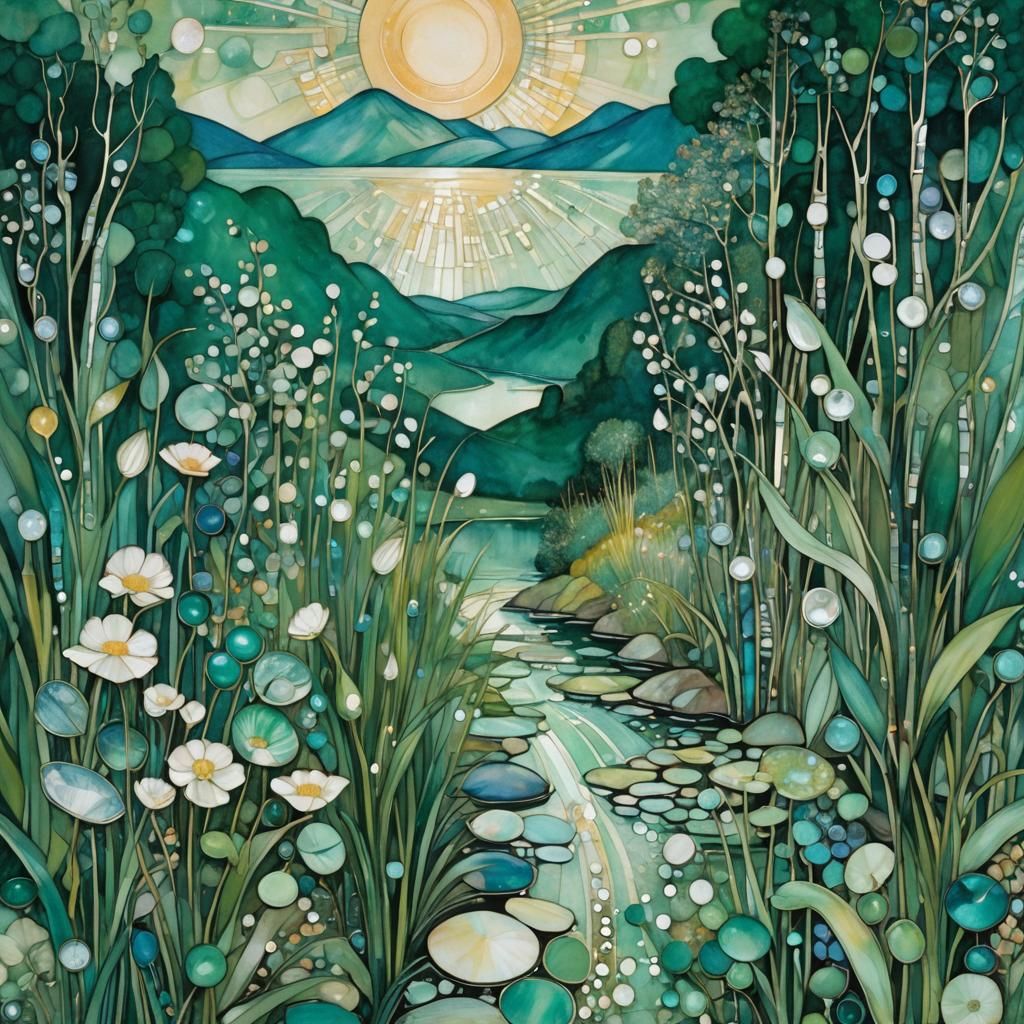 Luminous Green Mountain Lake in Art Nouveau Style