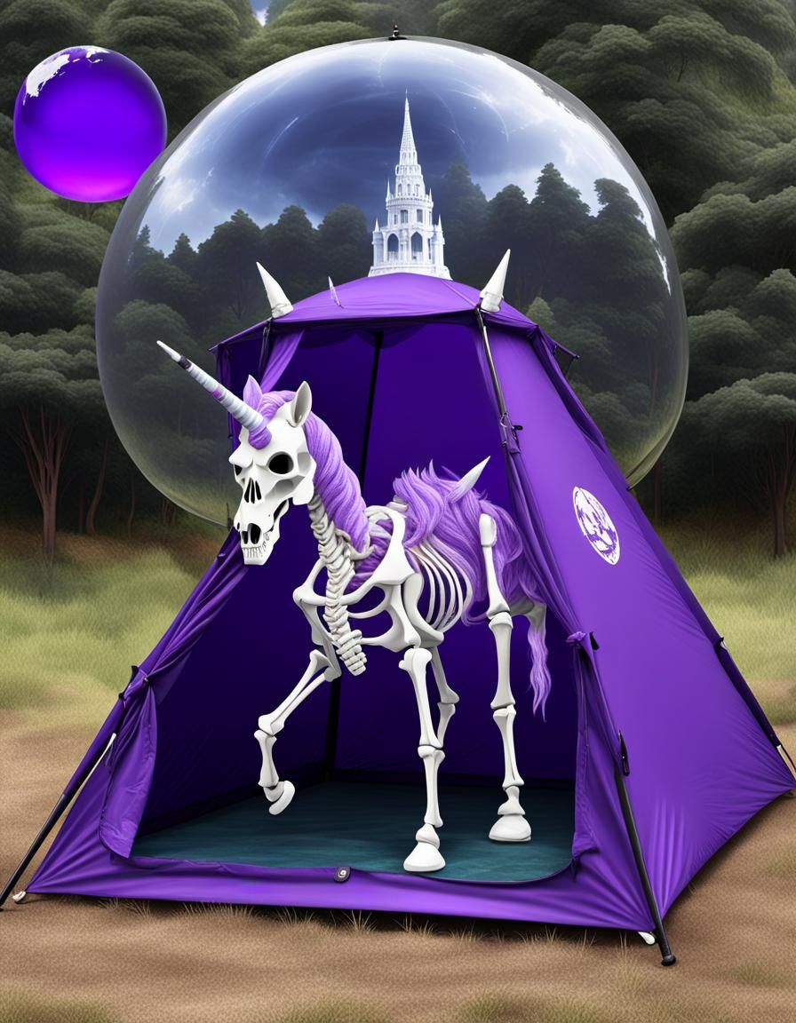 Skeletal Unicorn with Globe and Protest Tent