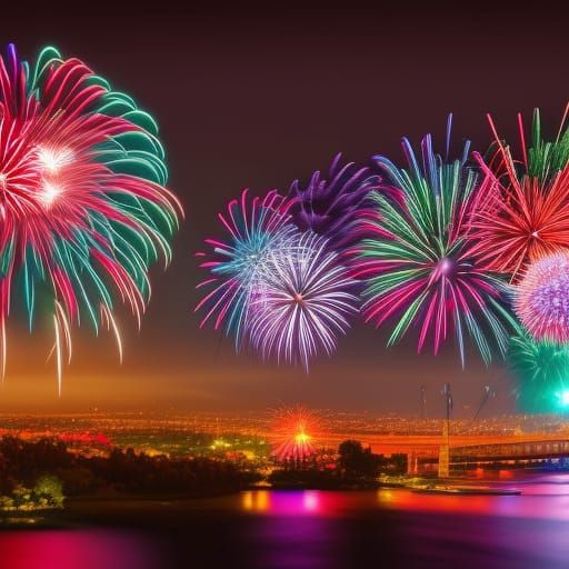 New Year Fireworks Over Happy City, Hyperrealistic Art