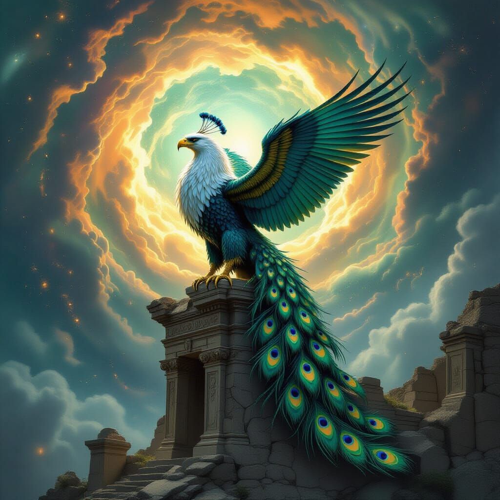 Griffin with Peacock Feathers on Ancient Ruin