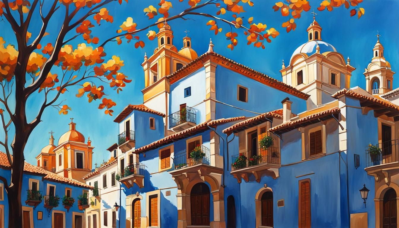 Baroque Spanish Cityscape in Gouache Style