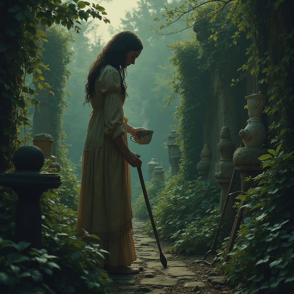 Eerie Gothic Garden at Dusk with Mint Vines