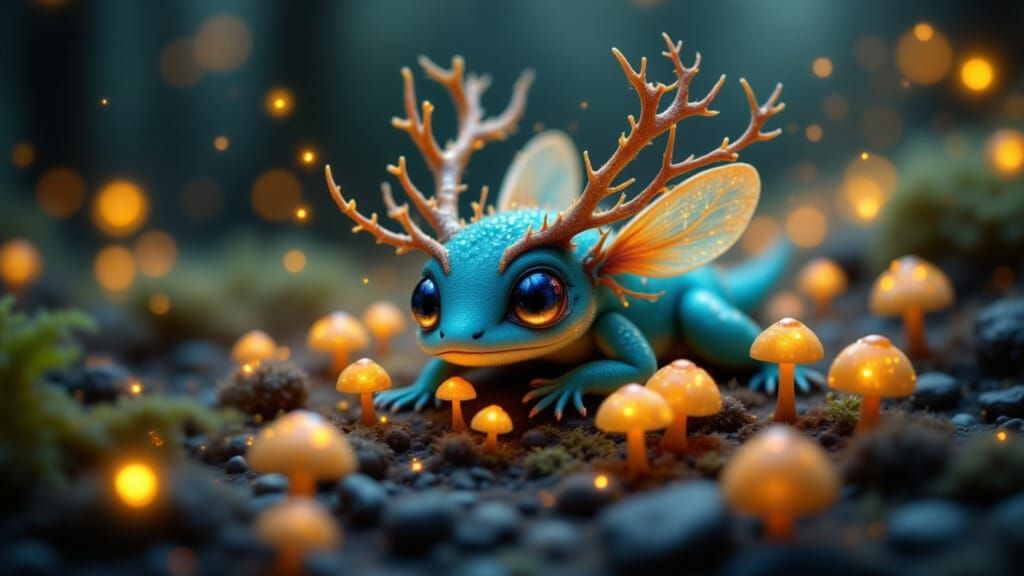 Magical Cyan Creature with Antlers and Wings in Glowing Fore...