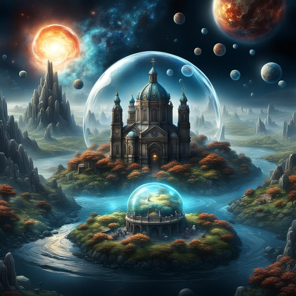 Surreal Church and House in Space Bubble