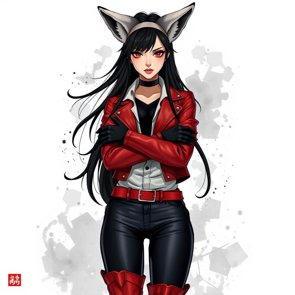 Goth Queen in Sumi Ink Style with Fennec Fox Ears