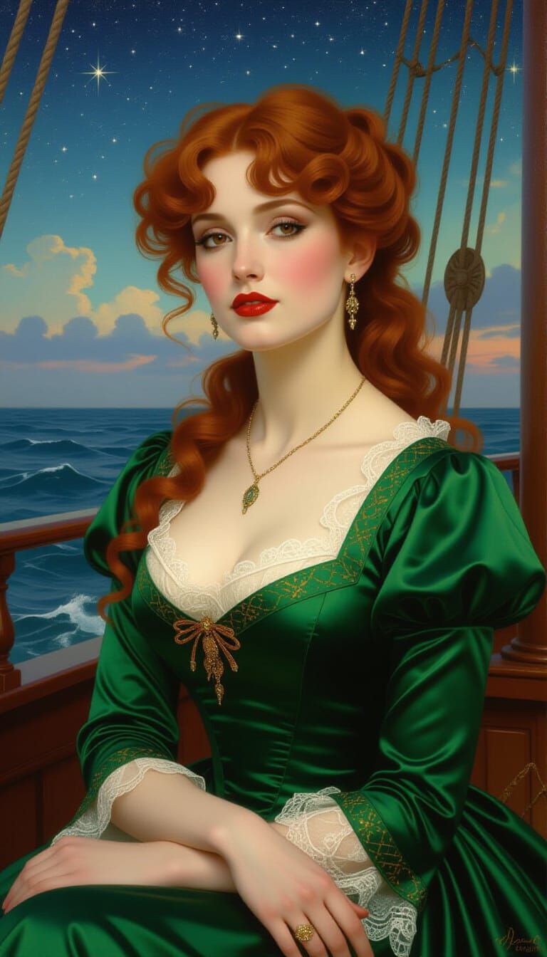 Dreamy Woman with Red Hair on Ship, Oil Painting Style
