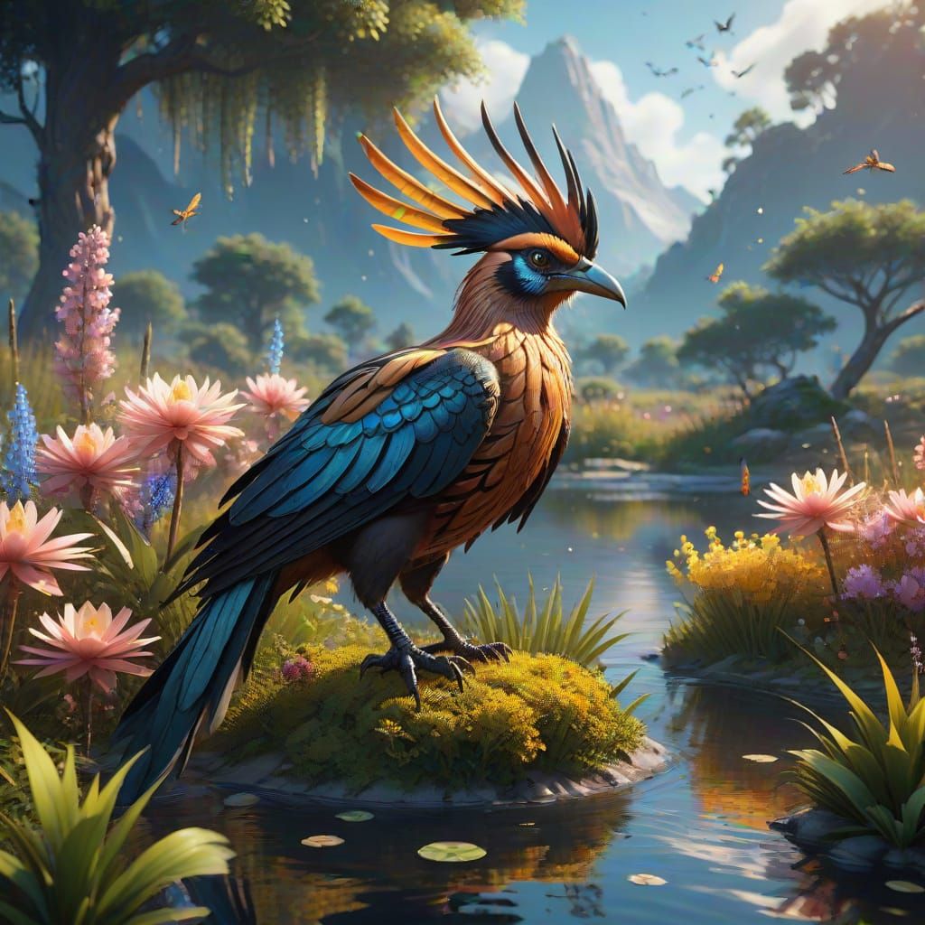 Vibrant Hoatzin in Enchanted Meadow, Fantasy Concept Art