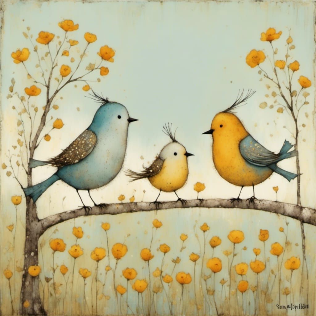 Charming Bird Family Illustration