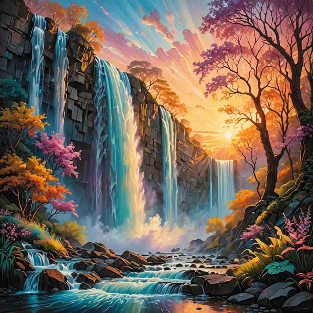 Pastel Waterfall Dreamscape at Radiant Sunrise