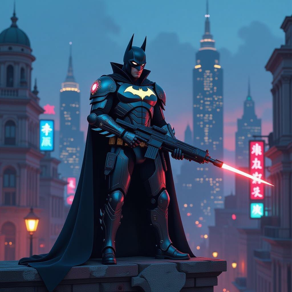 Armored Batman on Barricade in Renaissance-Meets-Future City...
