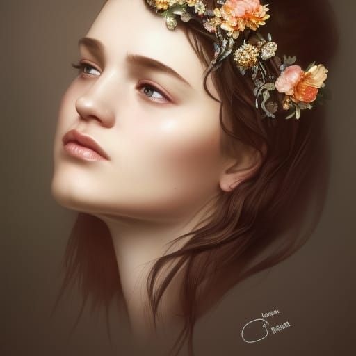 Woman with Flowers and Diamond Tiara, Art Nouveau Style