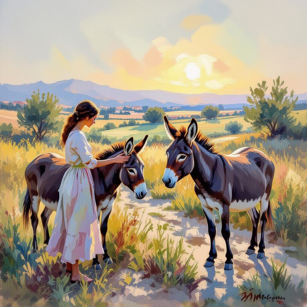 Woman Petting Donkeys in Early Morning Gouache Style