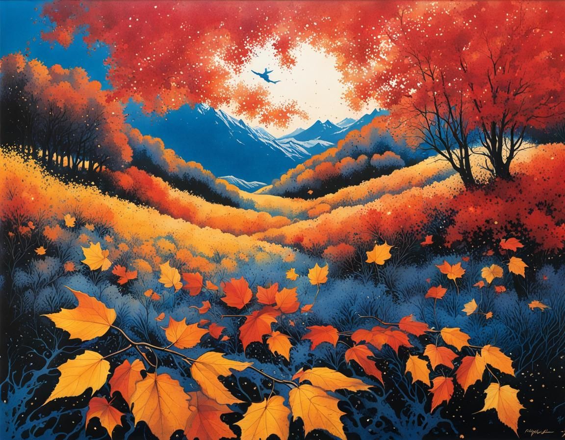 Autumn Leaves Fall: Blue Ink Drawing