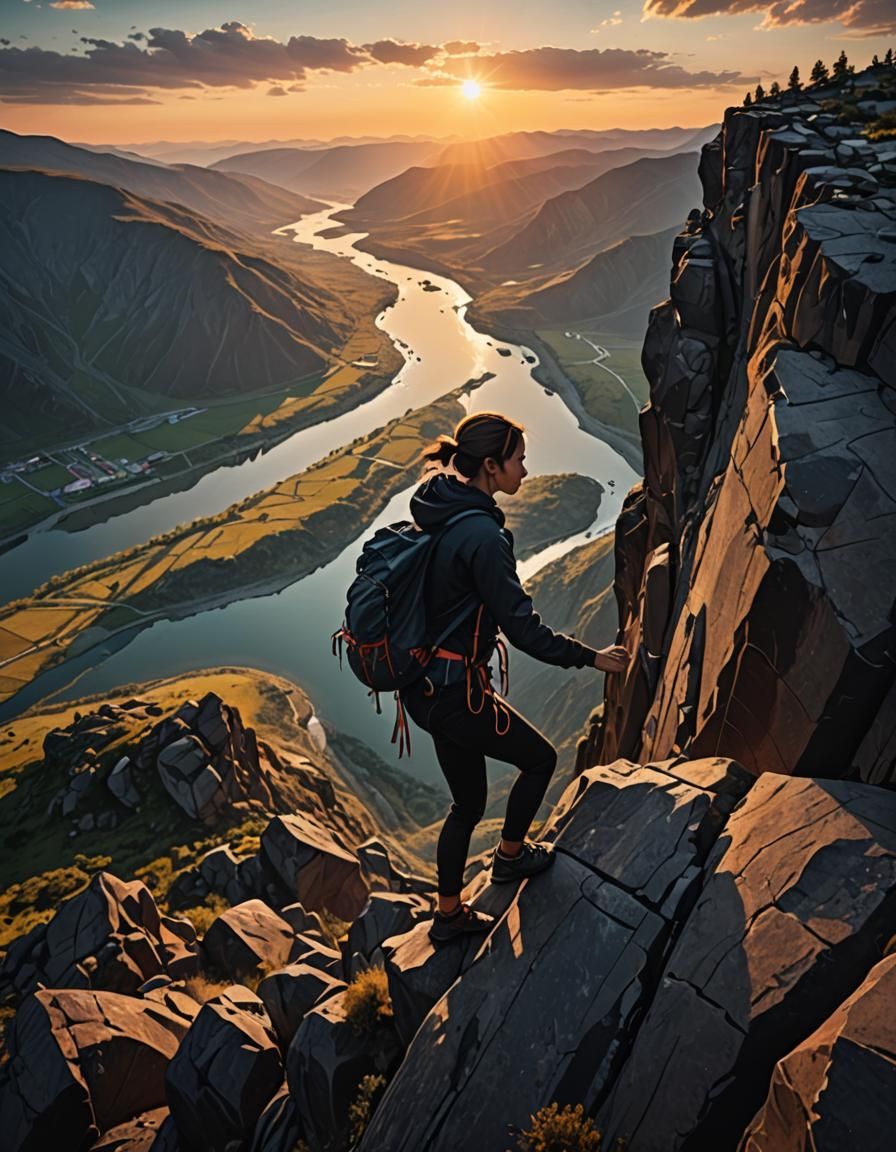 Silhouette Woman Climbs Cliff at Sunset: Vivid Portrait