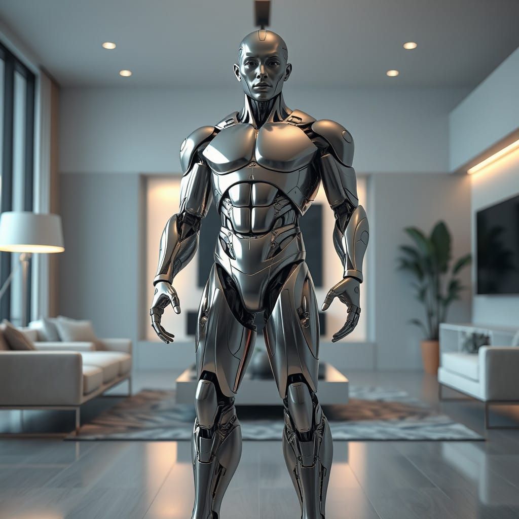 Muscular Household Android in Modern Living Room