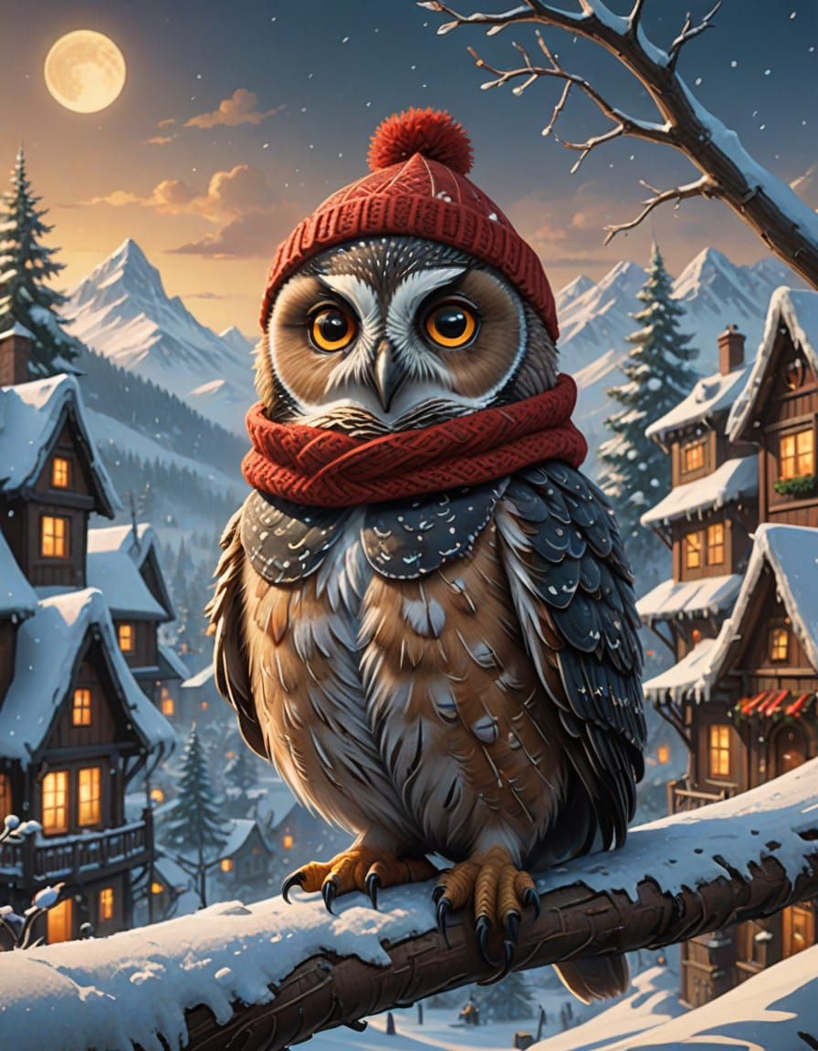 Cute Baby Owl in Eskimo Outfit on Snowy Branch in Whimsical...