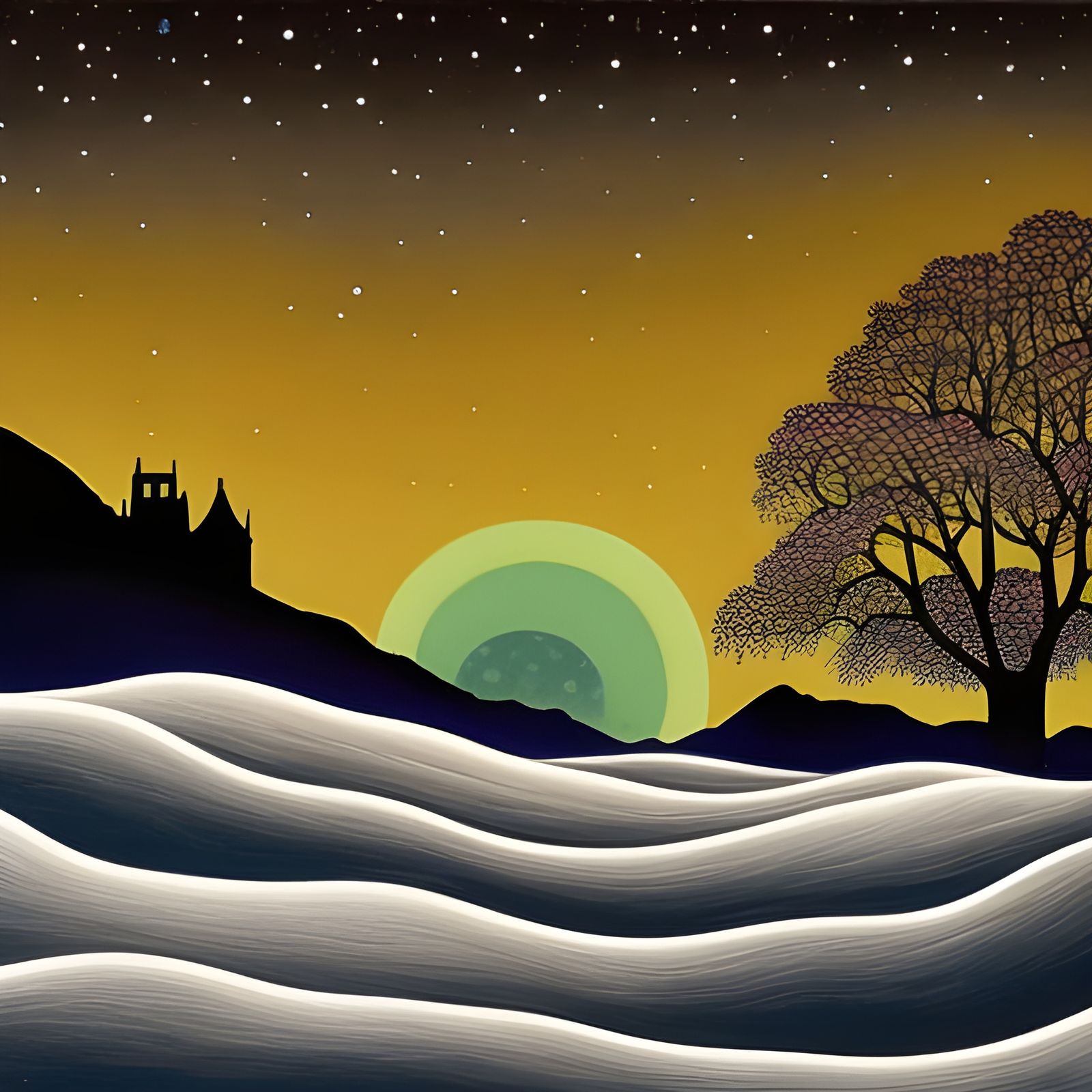 Surreal Cityscape Sunset in Art Nouveau Style